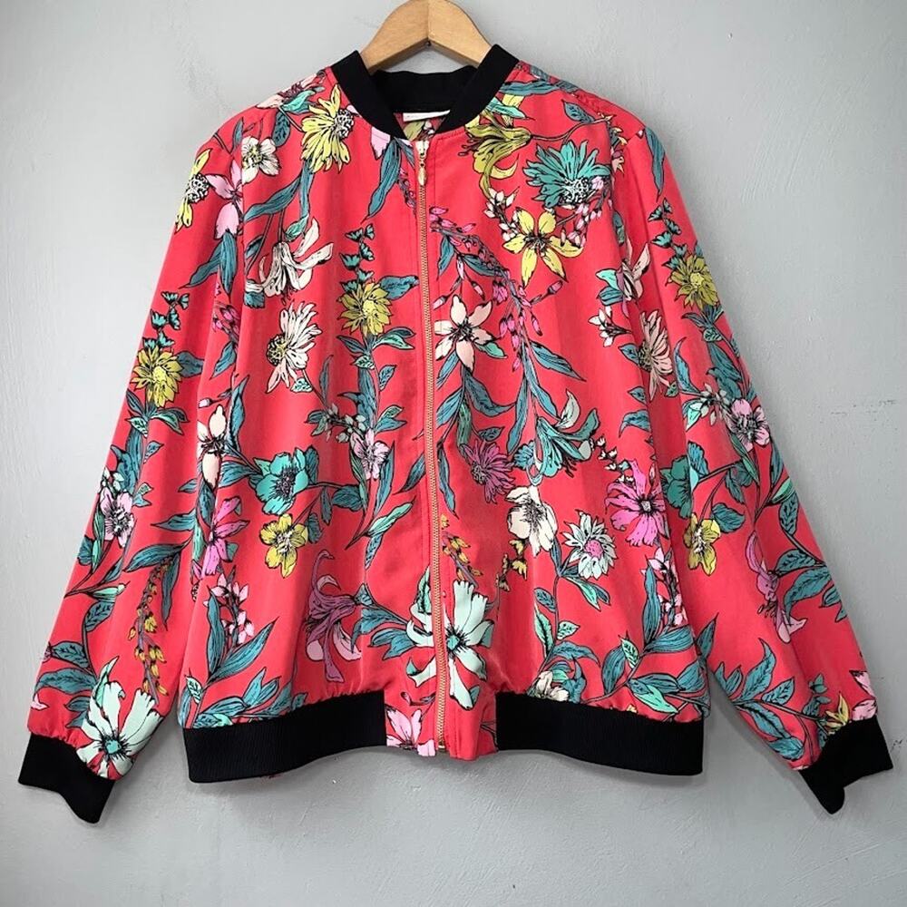Susan Graver Size Large Vibrant Peachskin Floral Bomber Jacket Bloomcore Resort